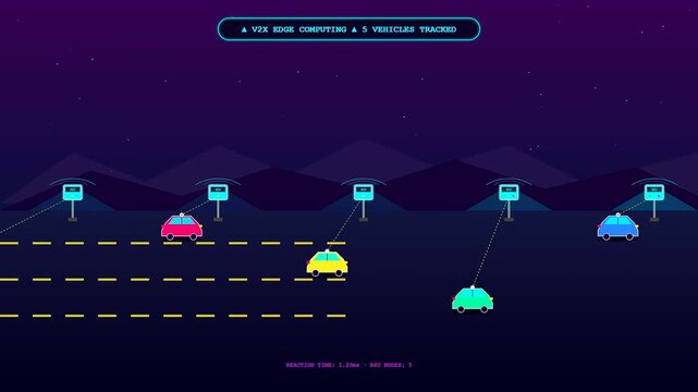 Connected through a modern edge computing network animated smart vehicles drive along a dark highway while transmitting critical real time driving information