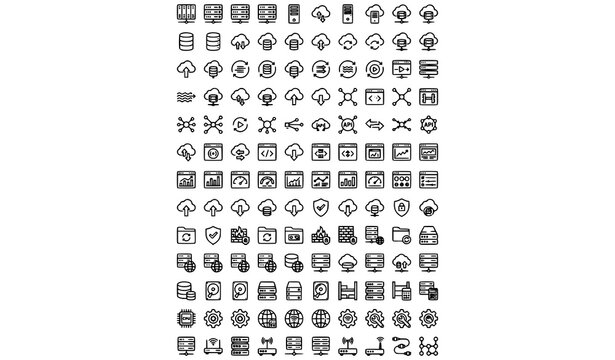 Modern Data Server and Cloud Computing Outline Icon Pack with Network and Digital Infrastructure Symbols
