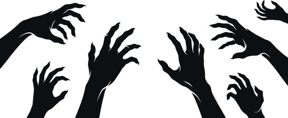Spooky zombie hands reaching out silhouette set isolated on white background © Asaduzzaman