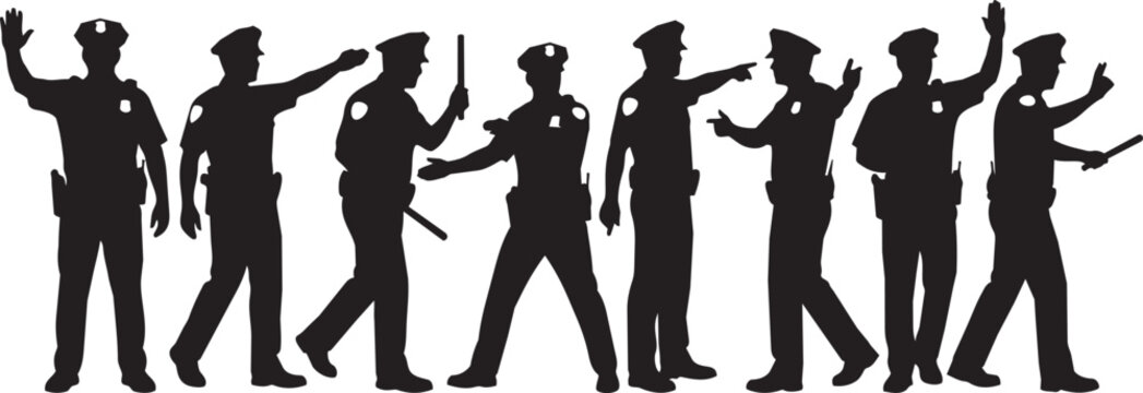 Police officers, law enforcement silhouettes, black icons, security personnel, vector graphics