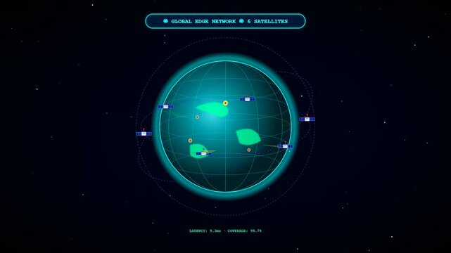 A futuristic edge computing network visualizes global satellite communication and fast data transmission across a glowing digital planet earth in this sleek animation.