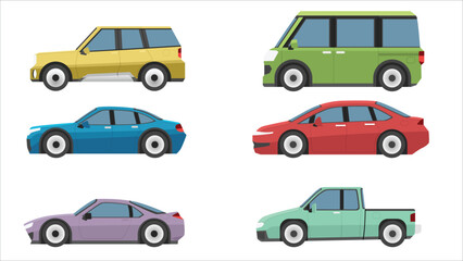 Fototapeta premium Collection of flat vector vehicle icons shown from a side view profile. Set includes various automobiles such as a sports car, sedan, pickup truck, SUV, and van. Isolated white color.