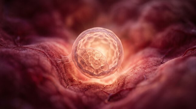 Witness the miracle of life! This hyper-realistic microscopic view reveals a 1 to 2-week-old human embryo (blastocyst) glowing warmly as it begins implanting into the uterine lining.