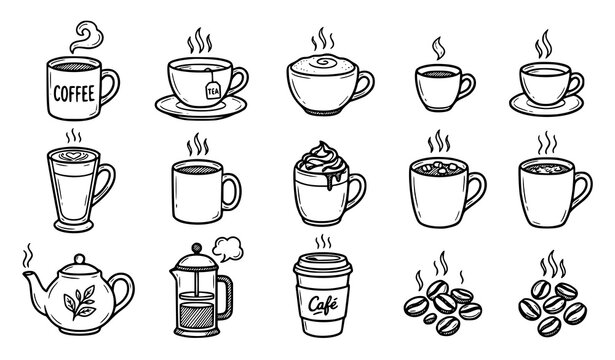 Hand drawn hot drinks doodle vector illustration set