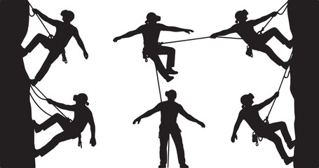 Black Solid VR Extreme Cliff Climbing Silhouettes Set of Six on White Background © Sahileditz