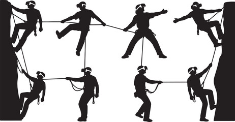 Black Solid VR Extreme Cliff Climbing Silhouettes Set of Six on White Background © Sahileditz