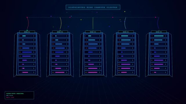 Pulsing lights illuminate a powerful edge computing network as data packets transfer seamlessly across illuminated server racks inside a dark digital datacenter.