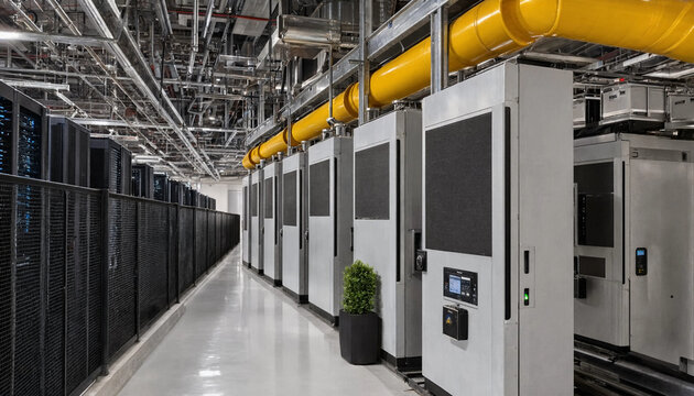 A long row of tall white server cabinets in a modern data center with yellow ventilation pipes running along the ceiling above them