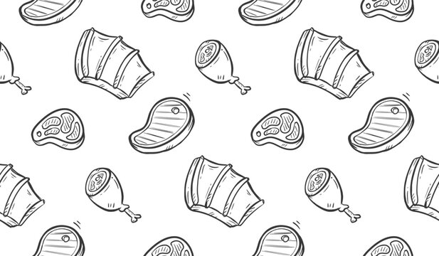 Meat doodle background. Raw meat hand drawn pattern. Pieces of beef steak slices pattern background. Seamless pattern of food with rib, grill, belly, fillet, beef, bbq, fillet.
