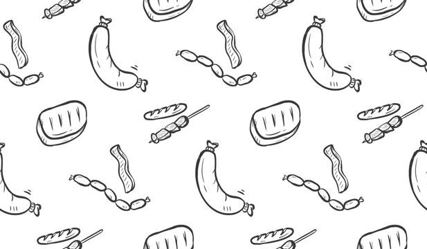 Meat doodle background. Raw meat hand drawn pattern. Pieces of beef steak slices pattern background. Seamless pattern of food with sausage, grill, fillet, beef, bbq, fillet, skewer.