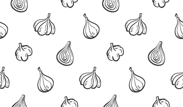 Kitchen spices doodle background. Herbs ingredients pattern background. Spices and herbs seamless pattern. Spicy seasoning food hand drawn pattern with onion, garlic.