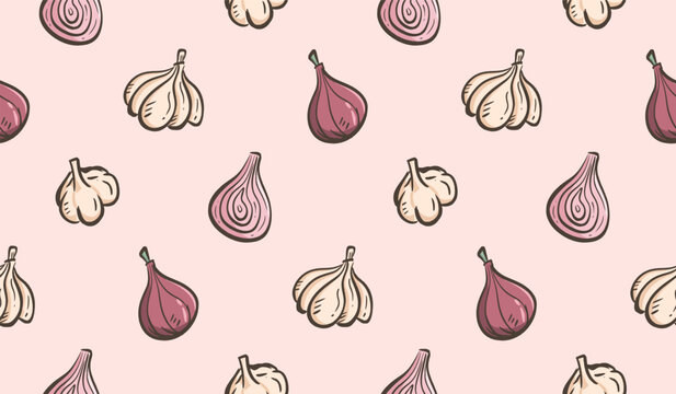 Kitchen spices doodle background. Herbs ingredients pattern background. Spices and herbs seamless pattern. Spicy seasoning food hand drawn pattern with onion, garlic.