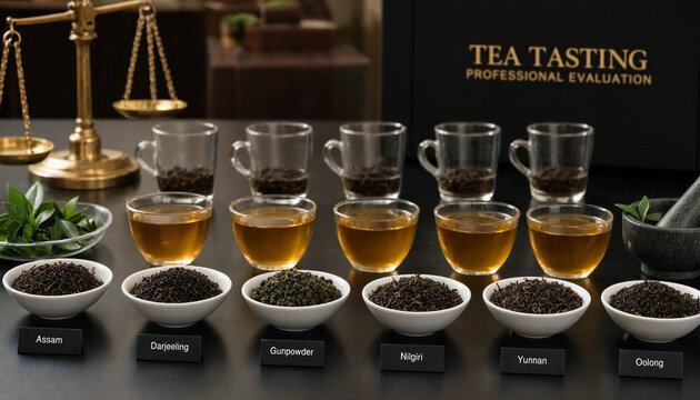 A tea tasting evaluation setup with various tea samples in bowls, brewed tea in glasses, a gold scale, and labels on a dark table surface