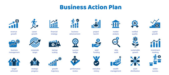 Business action plan vector icons. Strategic financial development and corporate investment growth glyph signs set. Career success chart icon © EMON