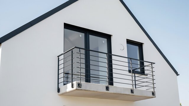 Modern glass house balcony with metal railings on sloped roof