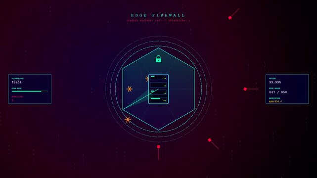 A secure edge computing network interface displays active radar scans and cyber security defense metrics while protecting servers from external virtual threats.
