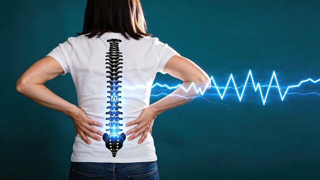 Woman holding lower back in pain with glowing spine illustration and electric shock wave effect, visualizing chronic backache, sciatica nerve pain