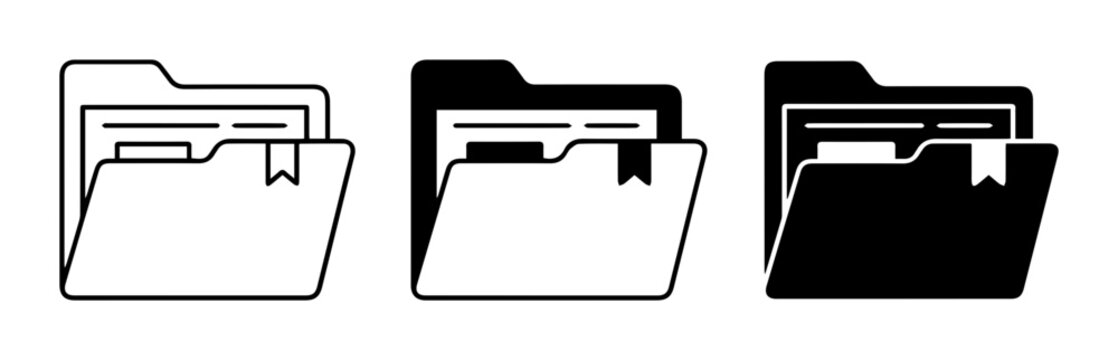 Folder Icons Set: Open Document Folders with Tabs and Bookmarks, Black and White Vector Graphics