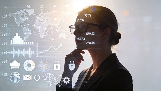 Thoughtful businesswoman analyzing financial data, world map networks and security icons. Digital transformation, cybersecurity protection