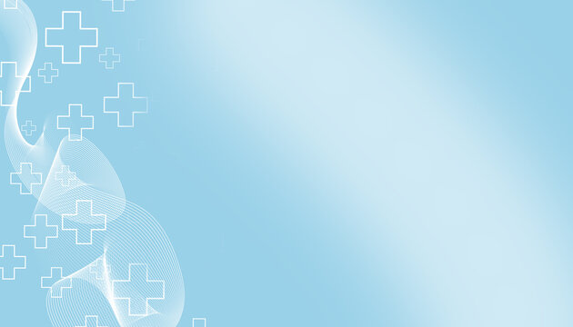 White medical crosses and flowing waveform pattern on a soft blue gradient background, healthcare Concept