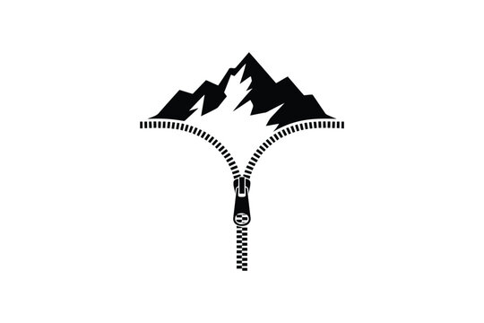 Mountain peak silhouette combined with open zipper symbol on black color.