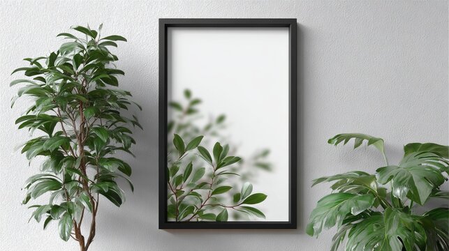 Black wooden thin poster frame portrait DIN A2 on off-white background with vibrant green interior, realistic natural lighting, minimal modern home decor and interior styling concept