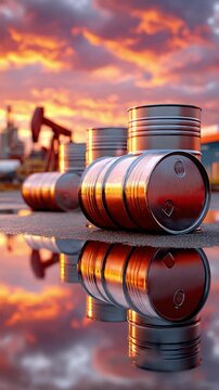 Oil Barrels at Sunset: Gleaming metal oil barrels stand in a line, reflecting the vibrant hues of a dramatic sunset sky, with an oil pump in the background.