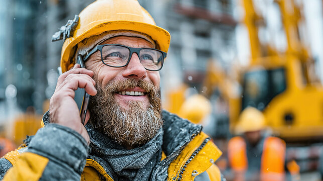 Construction worker wearing hard hat talking on phone at active construction site with heavy equipment in background emphasizing communication industrial management and workforce productivity