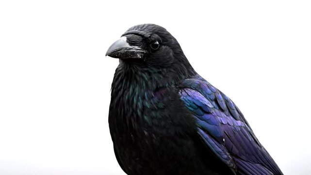 Close-up of a crow with iridescent feathers, eye contact and head turned to the side against a white background.