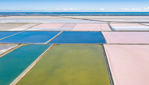 Aerial view of colorful salt evaporation ponds with water in shades of blue, green, and pink, separated by dikes near the ocean coastline