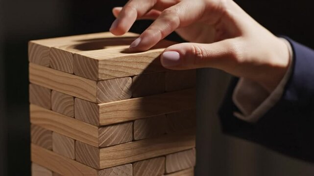 Close up of a hand removing wooden block from a tower of blocks, precarious game strategy concept