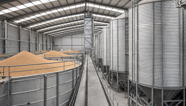 An industrial grain storage facility with large metal silos filled with harvested wheat inside a spacious warehouse with a ceiling