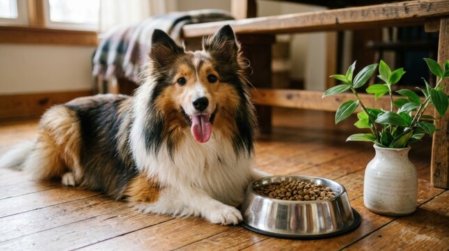 Close-up dog lying wooden floor next : hungry jack russell behind food bowl and licking
