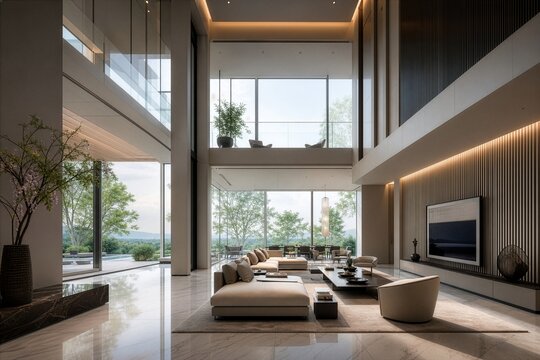 圧倒的な吹き抜け空間が広がる超高級レジデンスのラグジュアリーモデルルーム
Ultra-luxury residence model room with soaring ceiling and panoramic floor-to-ceiling windows