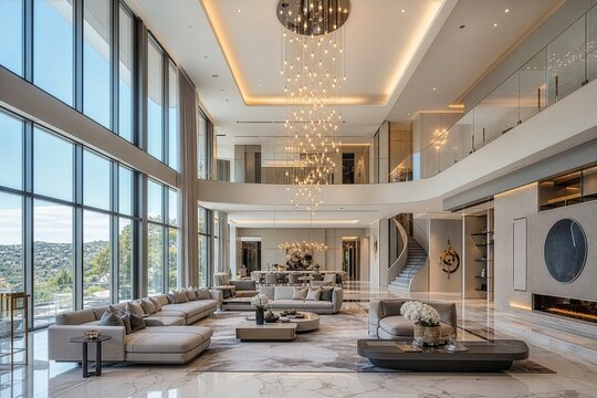 6メートル超の吹き抜けが圧巻の超高級モデルハウス建築空間
Ultra-luxury model home interior with a dramatic six-meter double-height ceiling