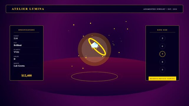 An interactive interface for augmented reality shopping displays a rotating virtual gold diamond ring with customizable specifications on a luxury retail app.
