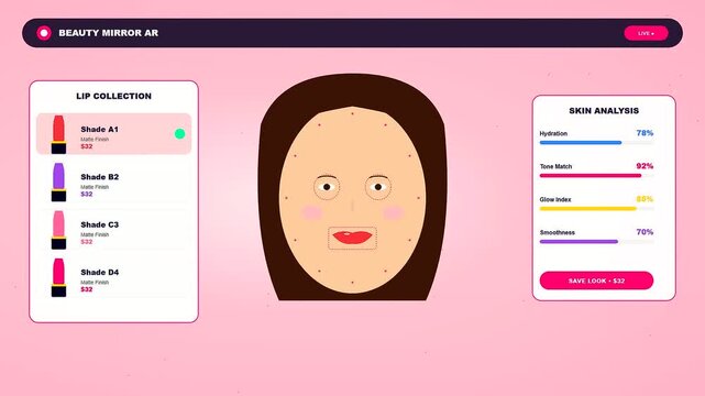An interactive application uses augmented reality shopping to dynamically change lipstick shades on a digital avatar for a seamless beauty try on experience.