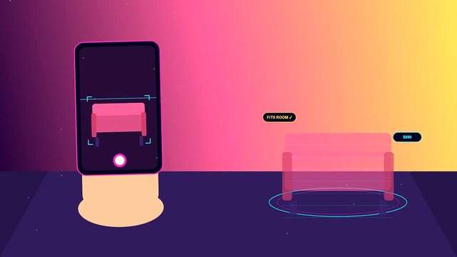Interactive augmented reality shopping app demonstrates placing a 3D virtual pink couch in a room, previewing furniture dimensions and pricing dynamically.