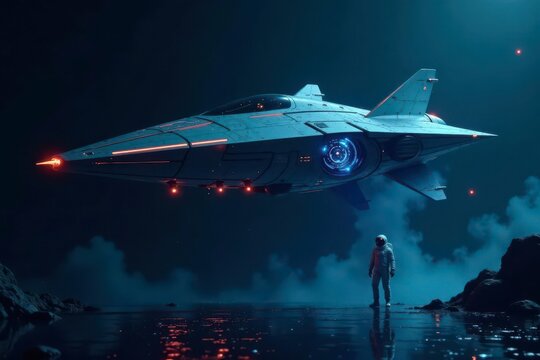 A futuristic spaceship hovers over a tranquil alien ocean, a lone astronaut stands in awe, reflecting the vastness of space and the mystery of the unknown.