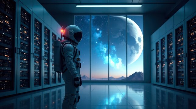 A lone astronaut, gazing out a large window at a celestial body, stands within a futuristic server room, contemplating the vastness of space and the possibilities of technological advancement.