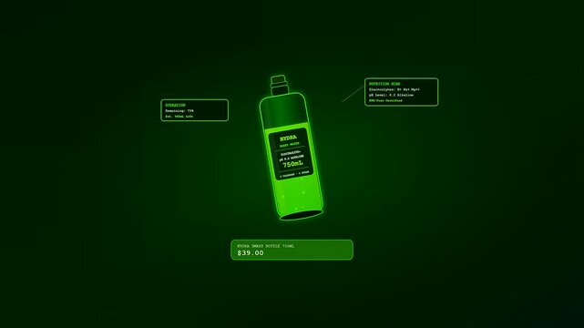 During an immersive augmented reality shopping simulation, a digital interface analyzes a smart reusable bottle to display hydration analytics, scan nutrition, and show price.