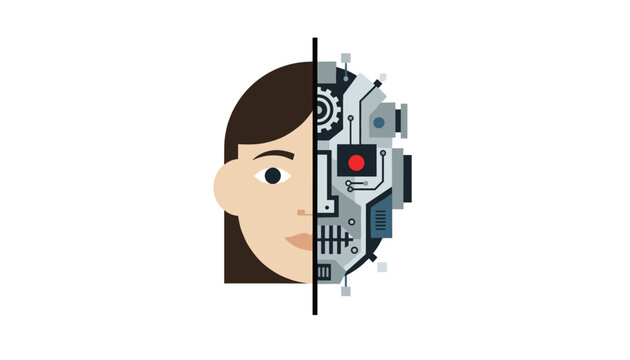 Conceptual illustration of a human face divided into half human and half robot depicting artificial intelligence theme.