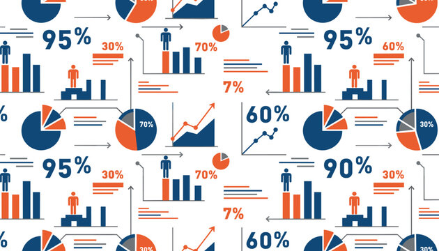 Business background pattern filled with various financial charts, pie graphs, and percentage icons in blue and orange colors.
