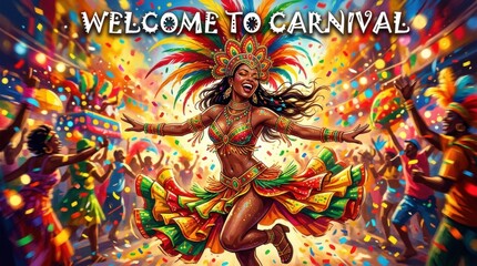 Fototapeta premium Colorful illustration woman wearing traditional carnival Brazil Latin Wear Bright Costume Rio Party