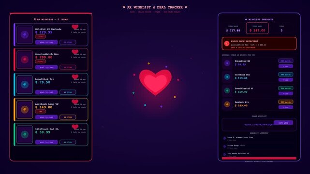 An animated interface showcasing how augmented reality shopping wishlist trackers monitor price drops and product deals within a dark themed mobile application prototype