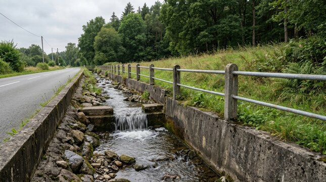 Concrete drainage ditch small stream running Horizontal headwall design facilitating pipe below street storm