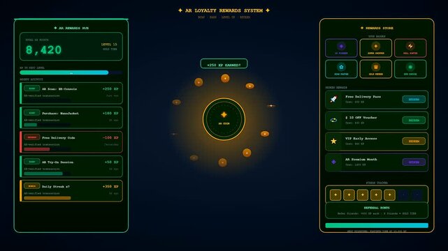 This creative concept of augmented reality shopping displays mobile user interface designs with gamified reward tiers points trackers and interactive glowing orbital elements.