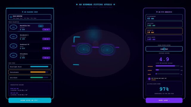 Experience virtual try on with an innovative Augmented Reality Shopping application interface displaying precise facial analysis metrics and diverse eyewear frame customizations on dark screens.