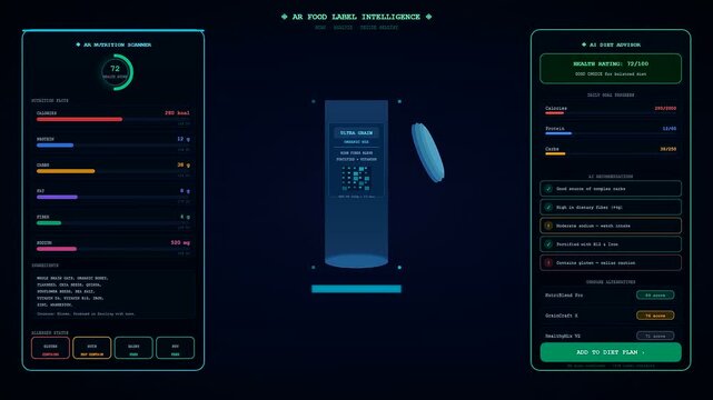 An innovative application for Augmented Reality Shopping displays nutritional analysis and dietary health ratings when scanning food products with a mobile phone.