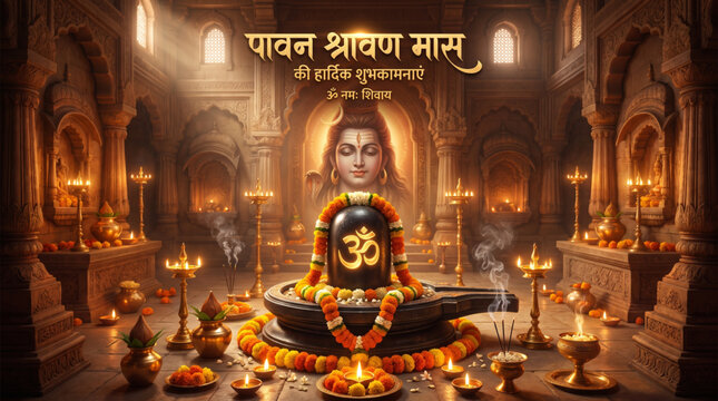 Sacred Shivling Worship in Ancient Temple for Pavan Shravan Maas Festival Greeting